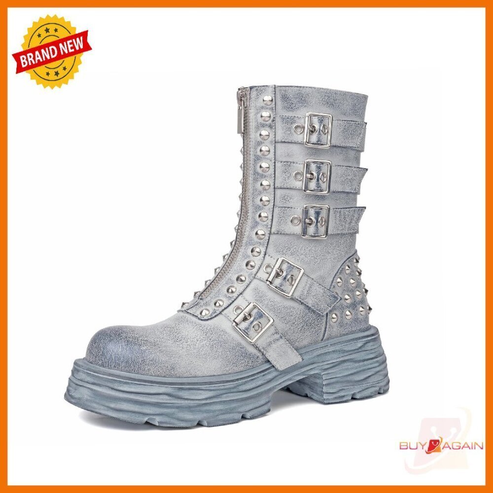 Women's Mid Calf Western Boots Chunky Sole Faux Leather